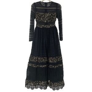 Shein Eid al Adha Black Lace Maxi Dress‎ Gold Sequin Long Sleeve Size S